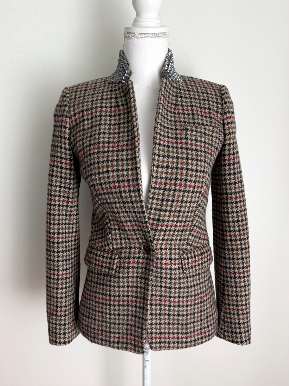 J. Crew Regent Jewel Embellished Collar Wool Houndstooth Blazer Size 0